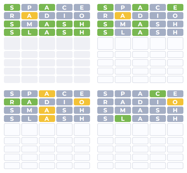 Color-coded feedback for guessed letters in Quordle