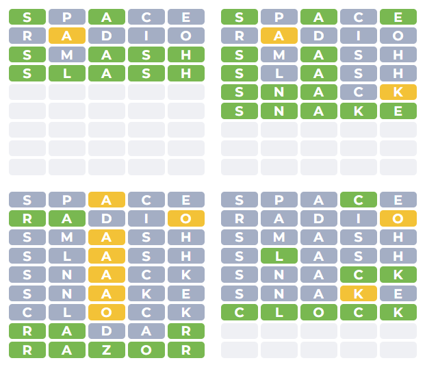 Solving all four words in the Quordle game
